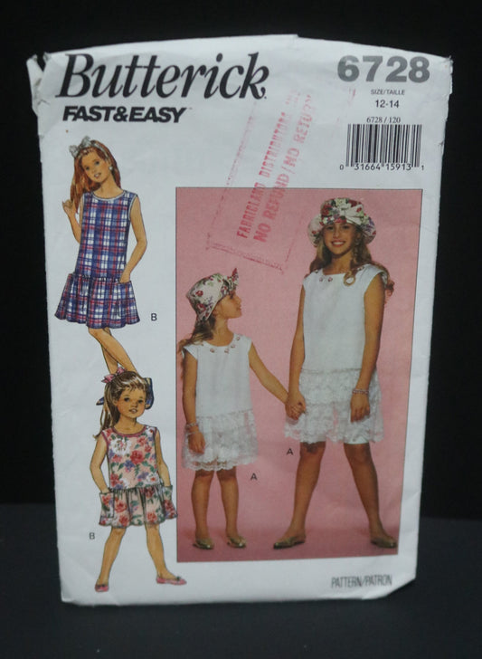 Butterick 6728 Girls Dress Shorts and Hat Sewing Pattern - UNCUT Size 12 - 14