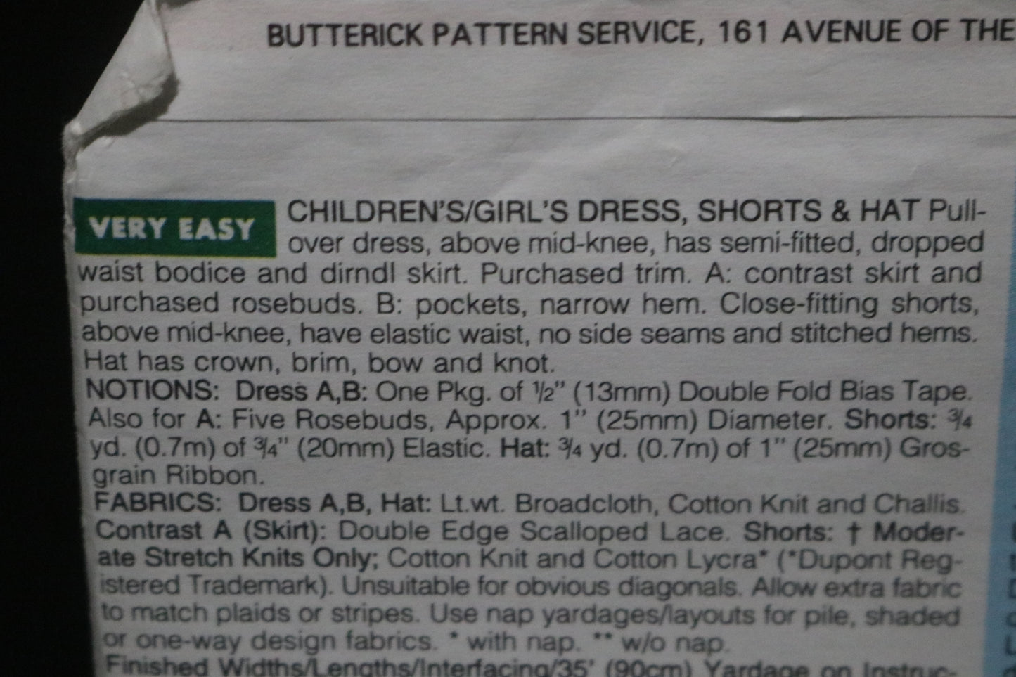 Butterick 6728 Girls Dress Shorts and Hat Sewing Pattern - UNCUT Size 12 - 14