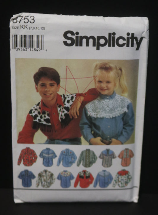 Simplicity 8753 Girls and Boys and Childs Western Shirt Sewing Pattern - UNCUT Size 7 8 10 12