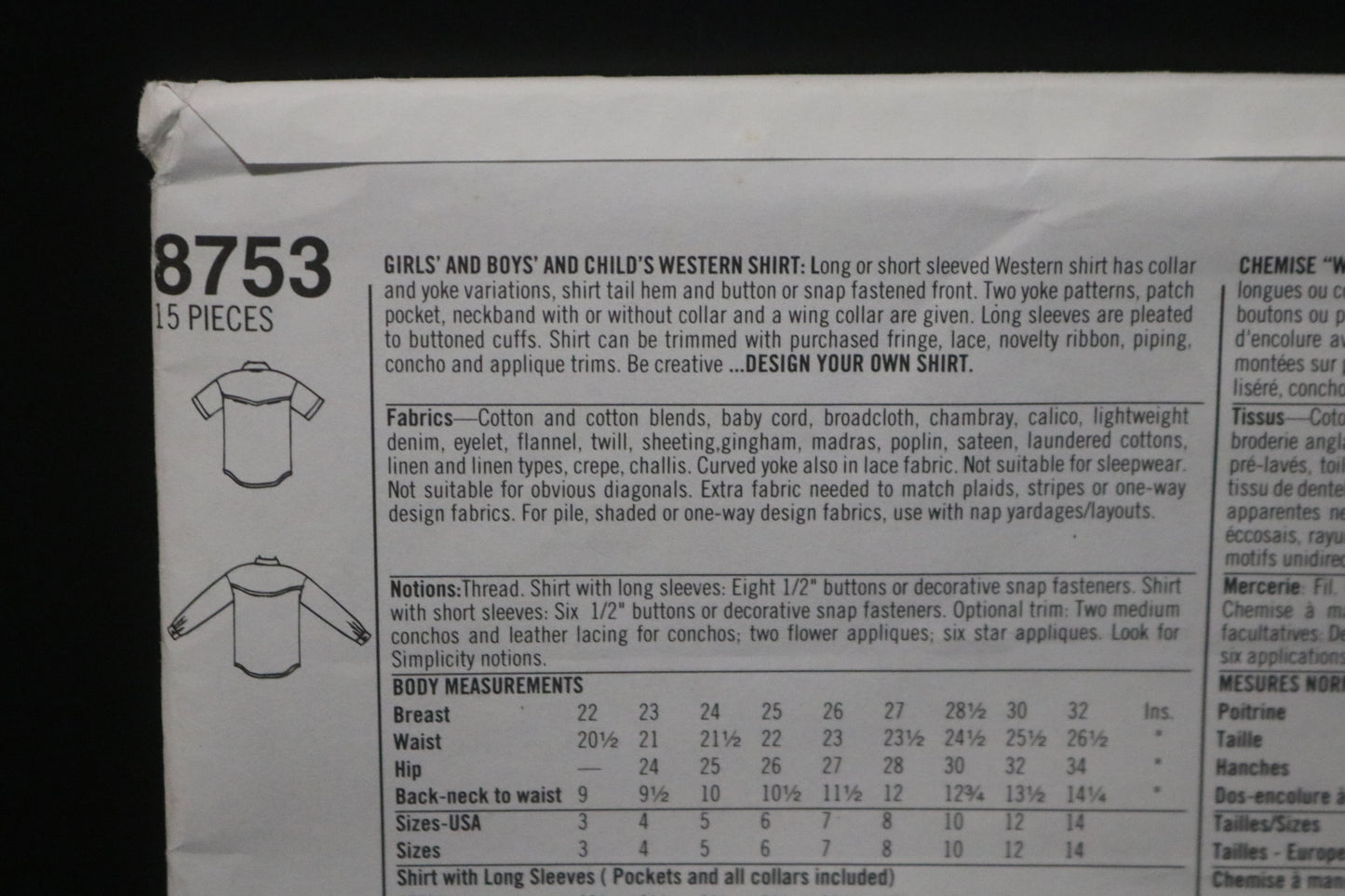 Simplicity 8753 Girls and Boys and Childs Western Shirt Sewing Pattern - UNCUT Size 7 8 10 12