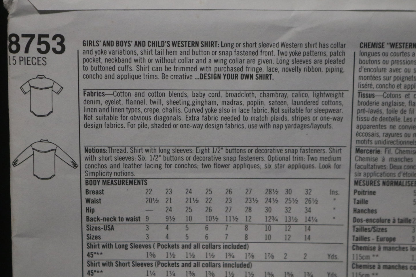 Simplicity 8753 Girls and Boys and Childs Western Shirt Sewing Pattern - UNCUT Size 7 8 10 12