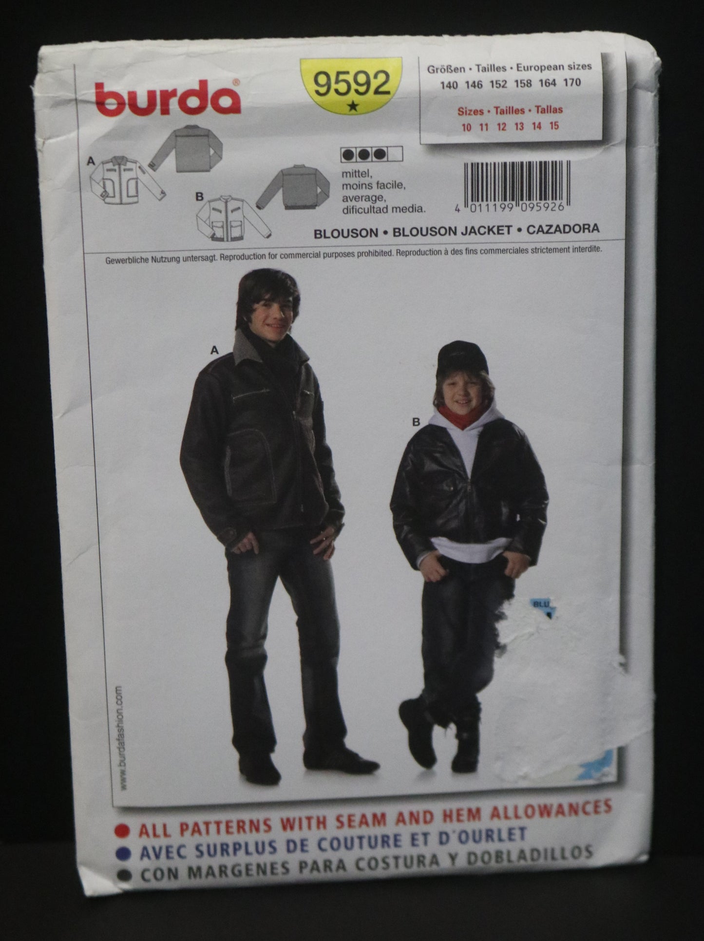 Burda 9592 Boys Teens Blouson Jacket Sewing Pattern UNCUT Size 10 11 12 14 15
