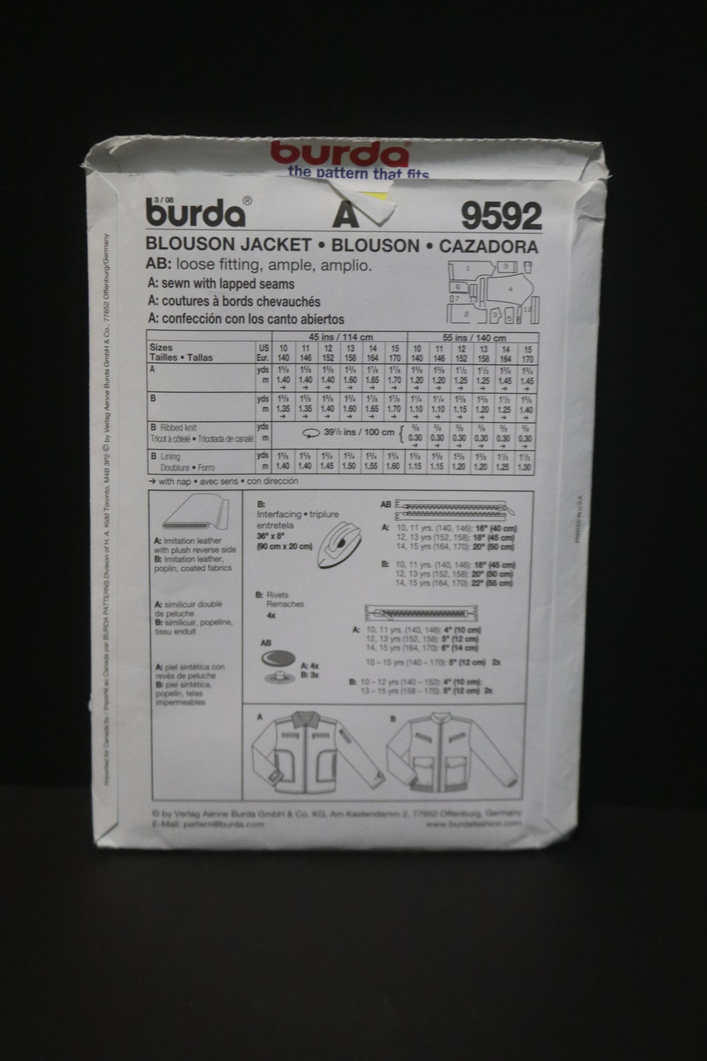 Burda 9592 Boys Teens Blouson Jacket Sewing Pattern UNCUT Size 10 11 12 14 15