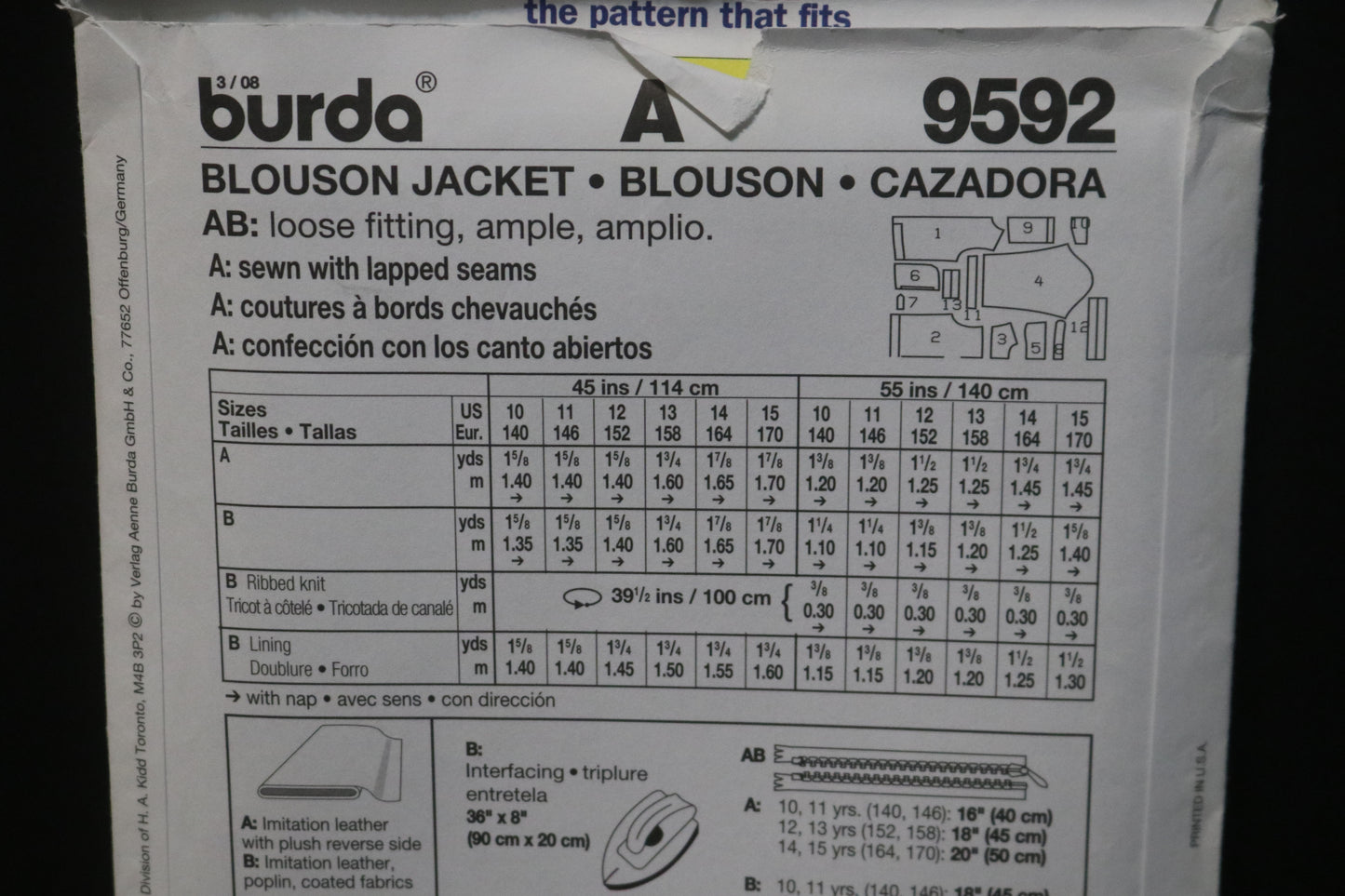 Burda 9592 Boys Teens Blouson Jacket Sewing Pattern UNCUT Size 10 11 12 14 15