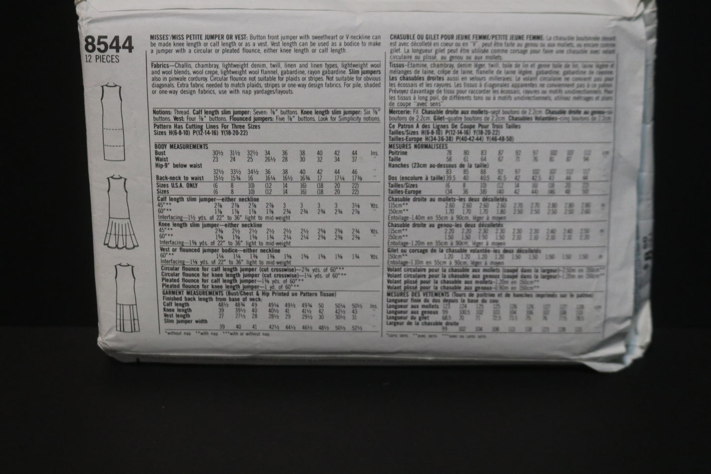 Simplicity 8544 Misses / MissPetite Jumper or Vest Sewing Pattern UNCUT Size 18 - 22