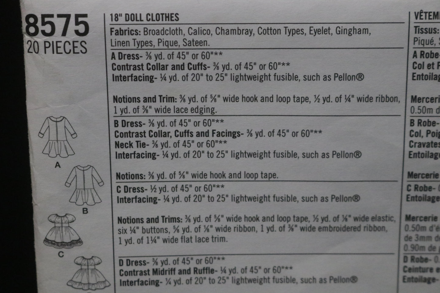 Simplicity 8575 18" Doll Costumes Sewing Pattern UNCUT