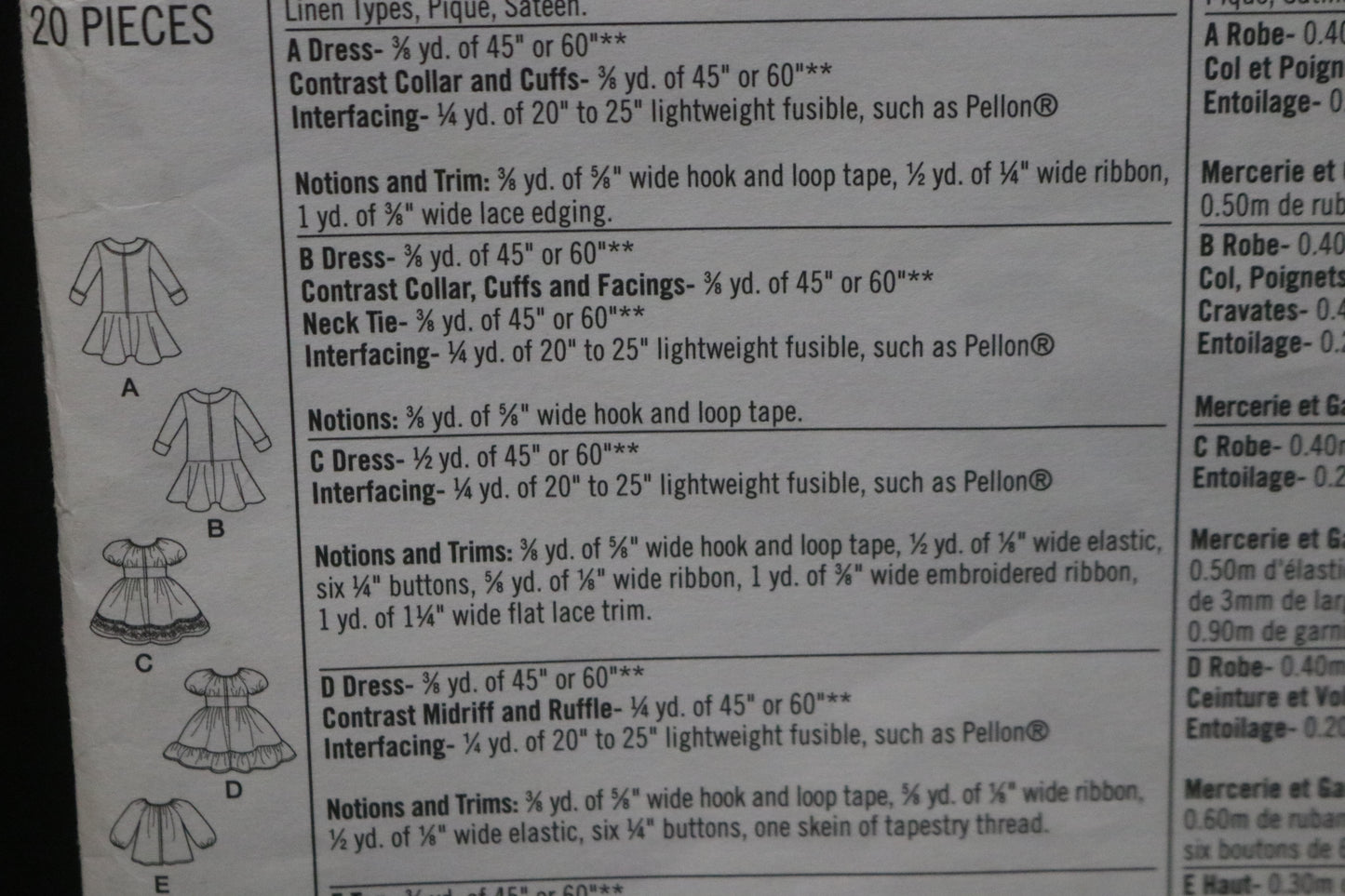 Simplicity 8575 18" Doll Costumes Sewing Pattern UNCUT