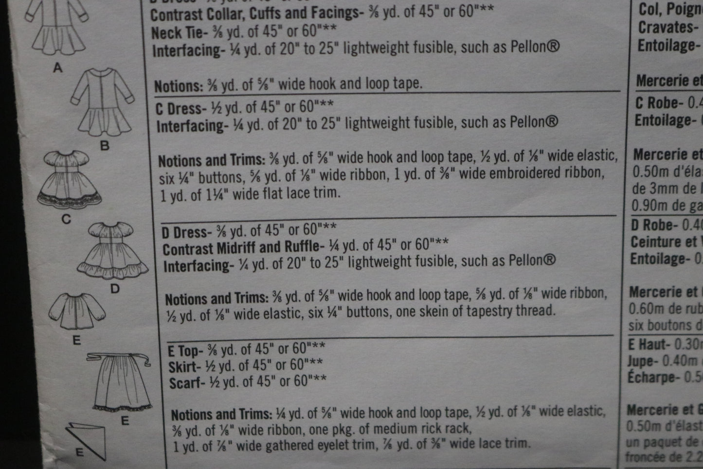 Simplicity 8575 18" Doll Costumes Sewing Pattern UNCUT