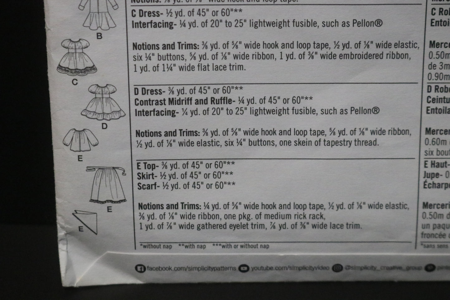 Simplicity 8575 18" Doll Costumes Sewing Pattern UNCUT