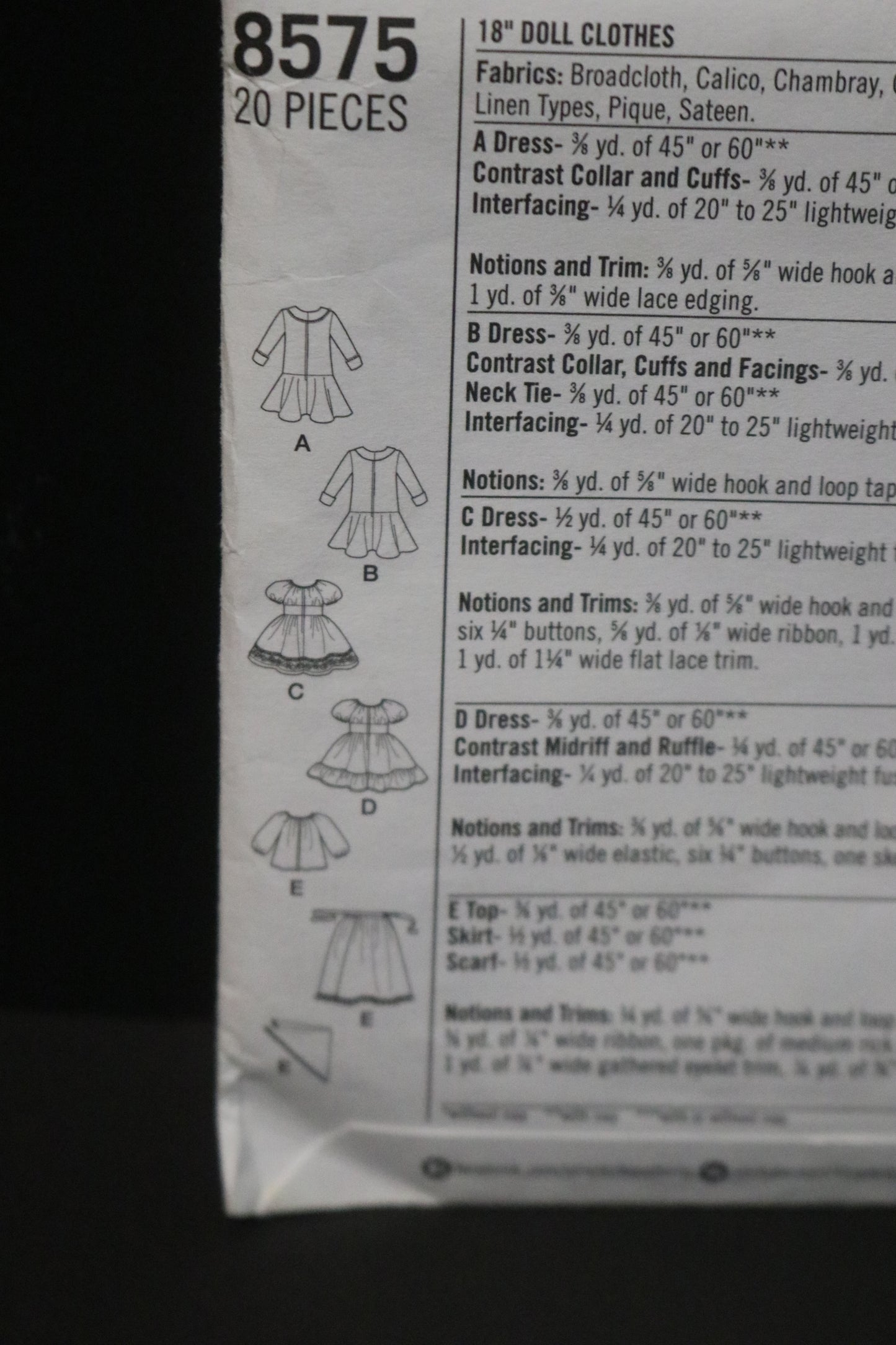 Simplicity 8575 18" Doll Costumes Sewing Pattern UNCUT