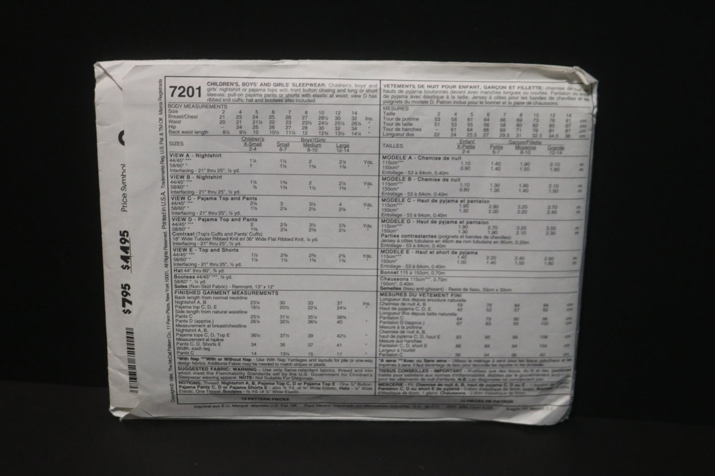 McCalls 7201 Children's Boys and Girls Sleepwear Sewing Pattern UNCUT Size Large ( 12,14)