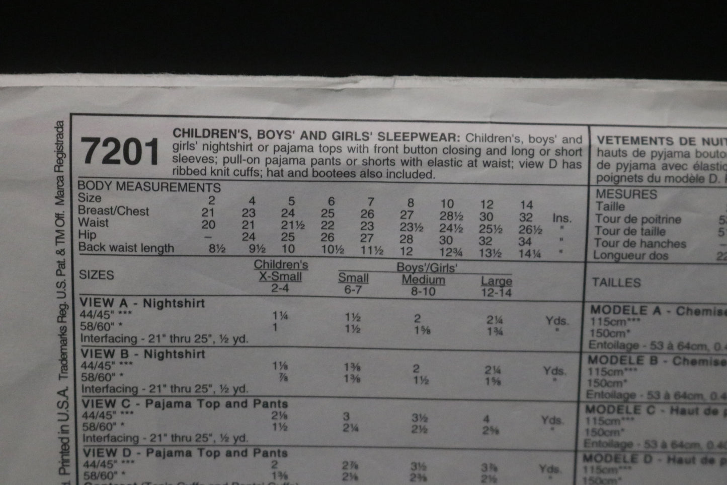 McCalls 7201 Children's Boys and Girls Sleepwear Sewing Pattern UNCUT Size Large ( 12,14)