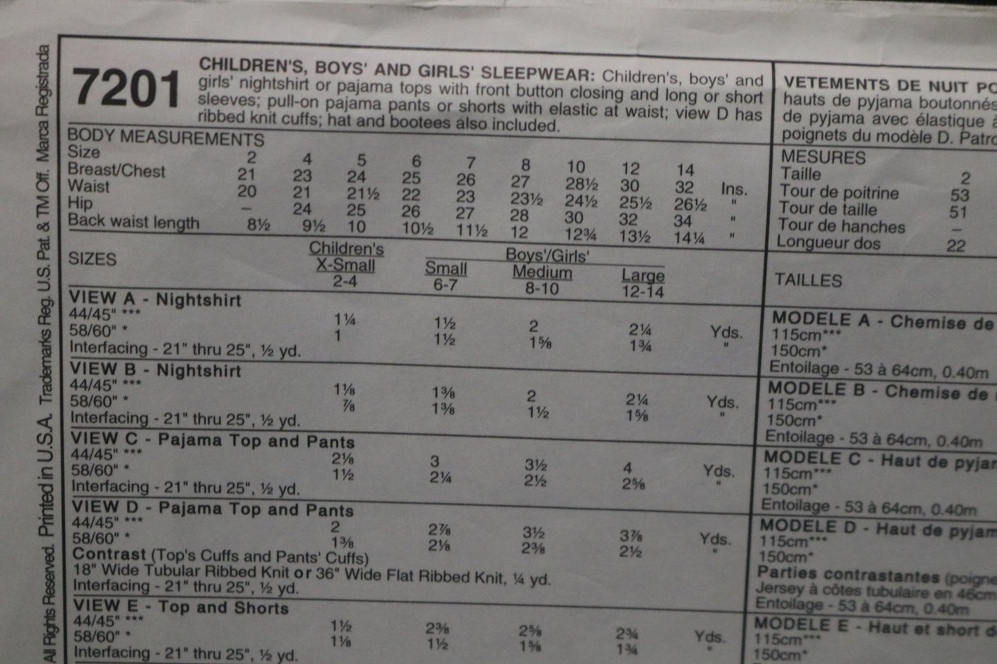 McCalls 7201 Children's Boys and Girls Sleepwear Sewing Pattern UNCUT Size Large ( 12,14)