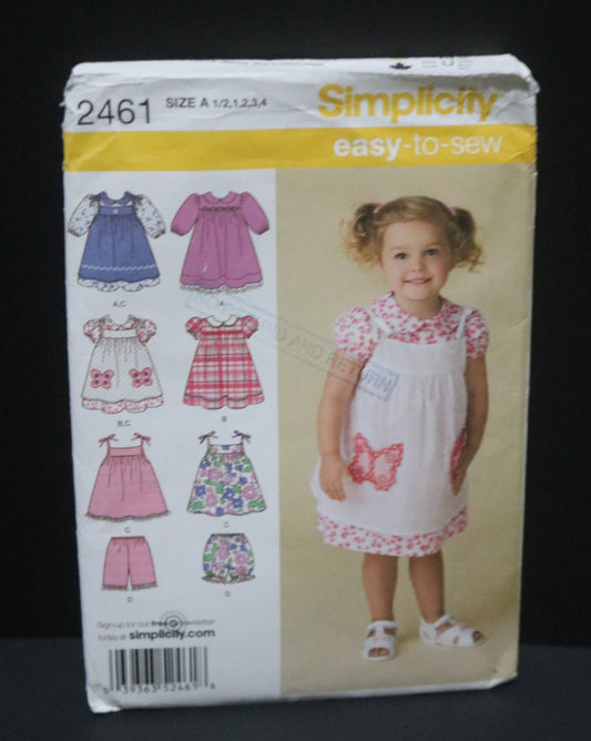 Simplicity 2461 Toddler Girls Dress Pinafore and Shorts Sewing Pattern - UNCUT Size 1/2  1  2  3 4