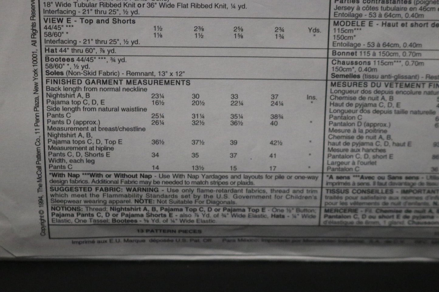 McCalls 7201 Children's Boys and Girls Sleepwear Sewing Pattern UNCUT Size Large ( 12,14)