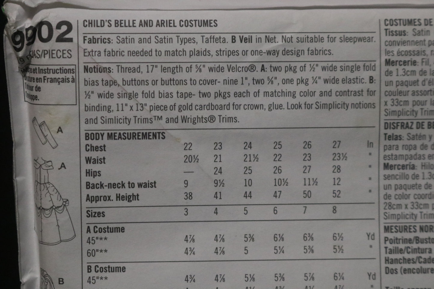 Simplicity 9902 Disney Princess Girls Belle and Ariel Costumes Sewing Pattern - UNCUT - Size 3 4 5 6 7 8