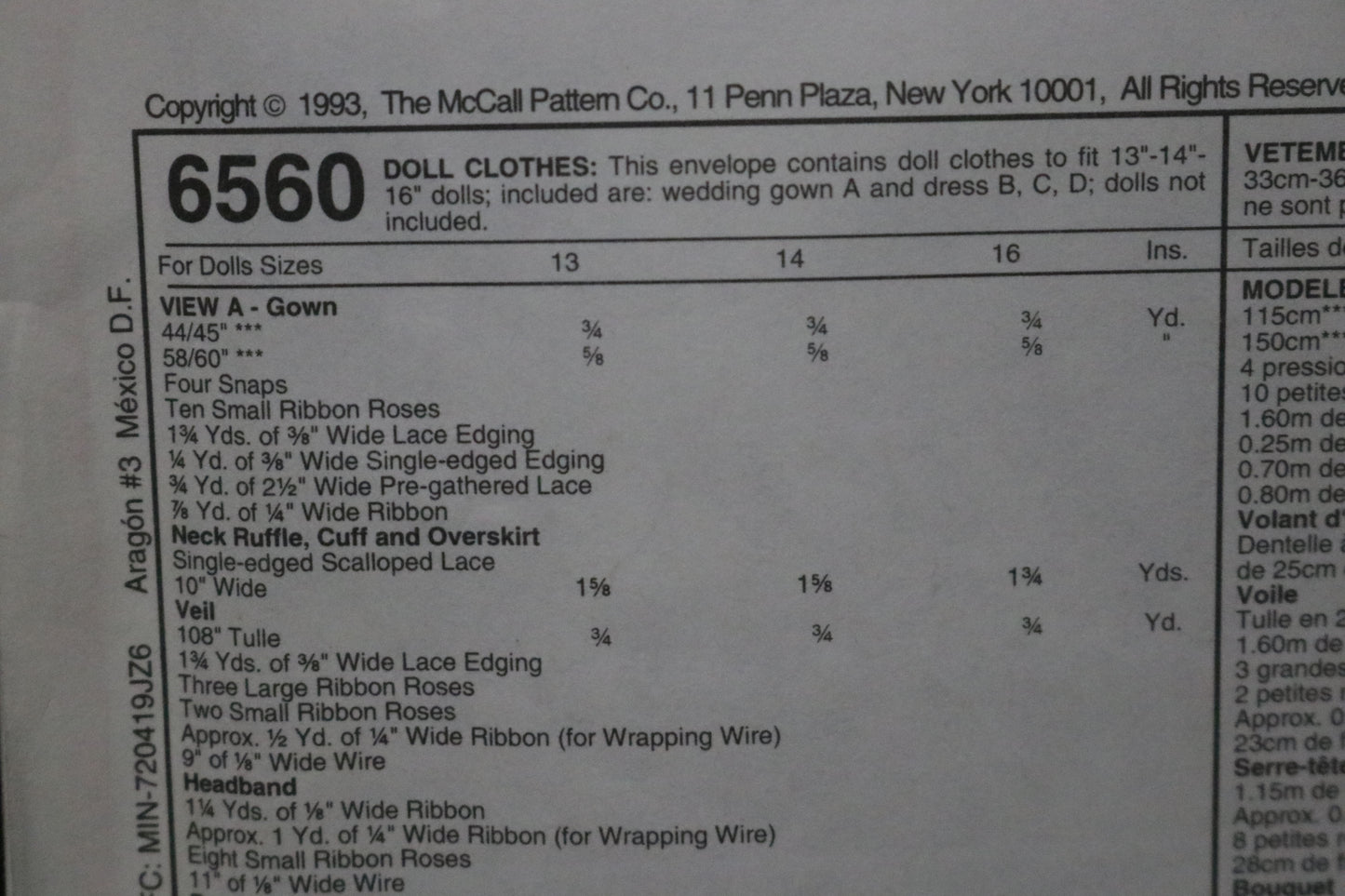 McCalls 6560 Doll Clothes, for 13", 14" and 16" dolls - Fancy Frocks Sewing Pattern UNCUT