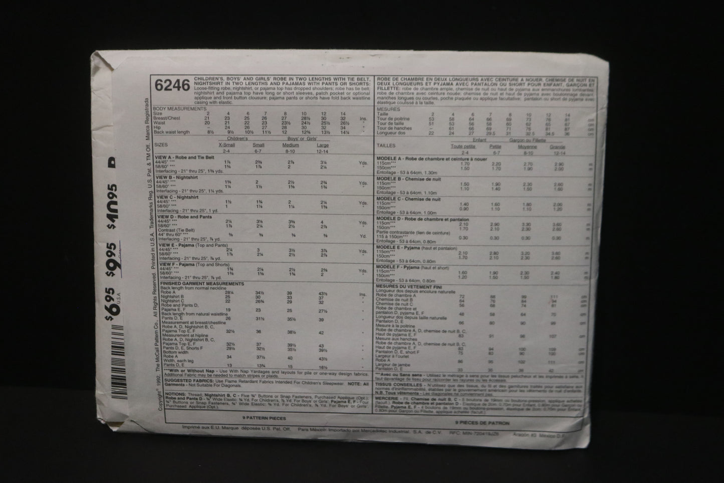 McCalls 6246 Children's Boys and Girls Robe in Two Lengths with Tie Belt, Nightshirt in Two Lengths and Pajamas or Shorts Sewing Pattern UNCUT Size Medium (8, 10)