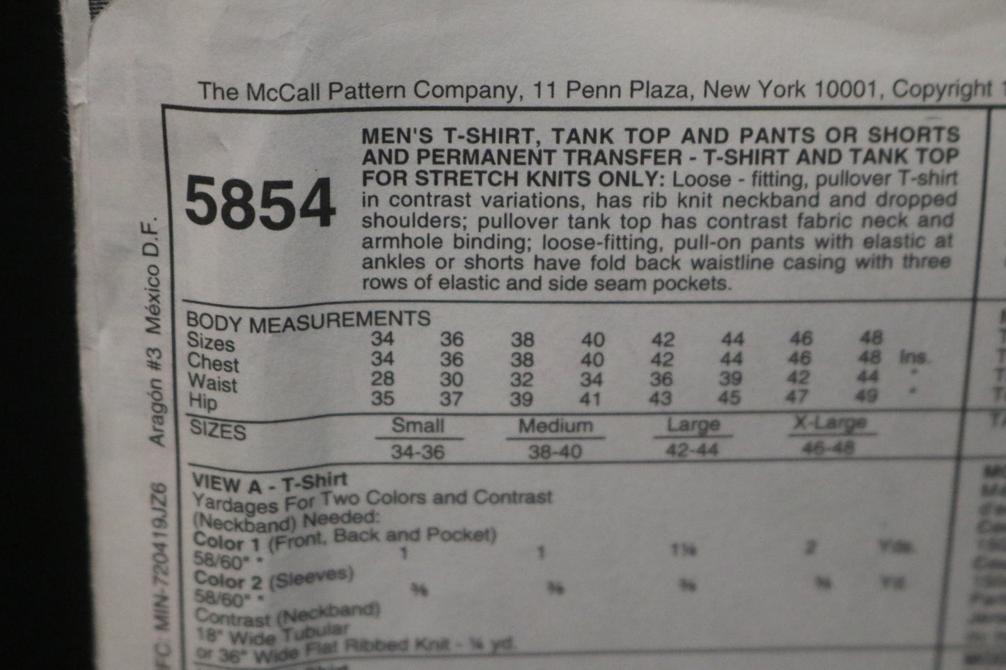 McCalls 5854 Gitano Men's T Shirt, Tank Top and Pants or Shorts and Pernament Transfer Sewing Pattern - UNCUT Size Small (34,36)