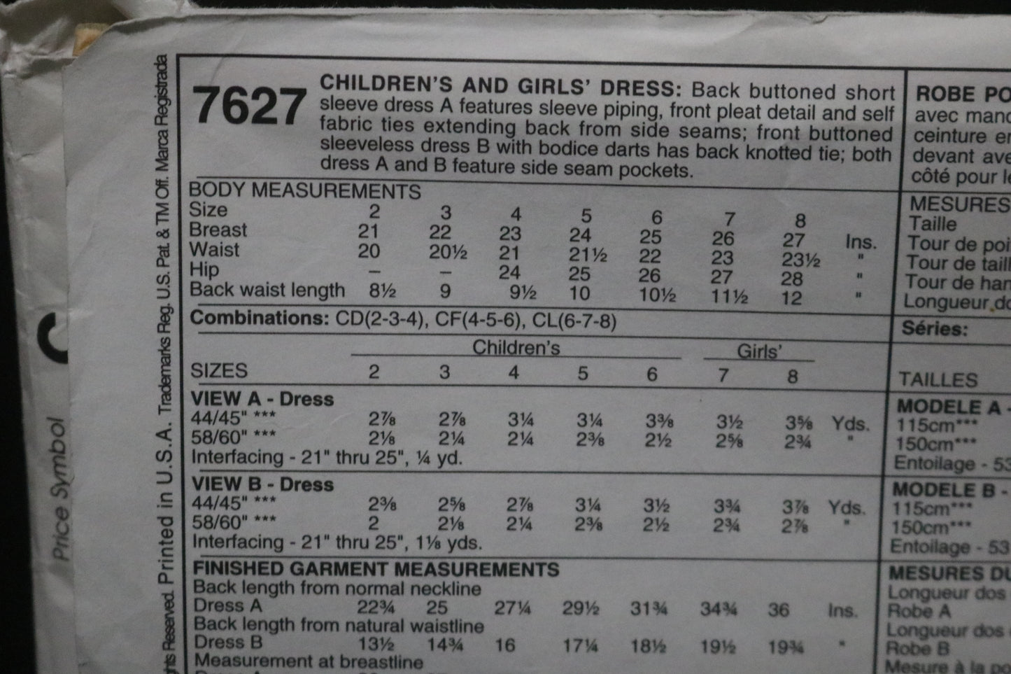 McCalls 7627 Children's or Girls Dress Sewing Pattern UNCUT Size 6 7 8