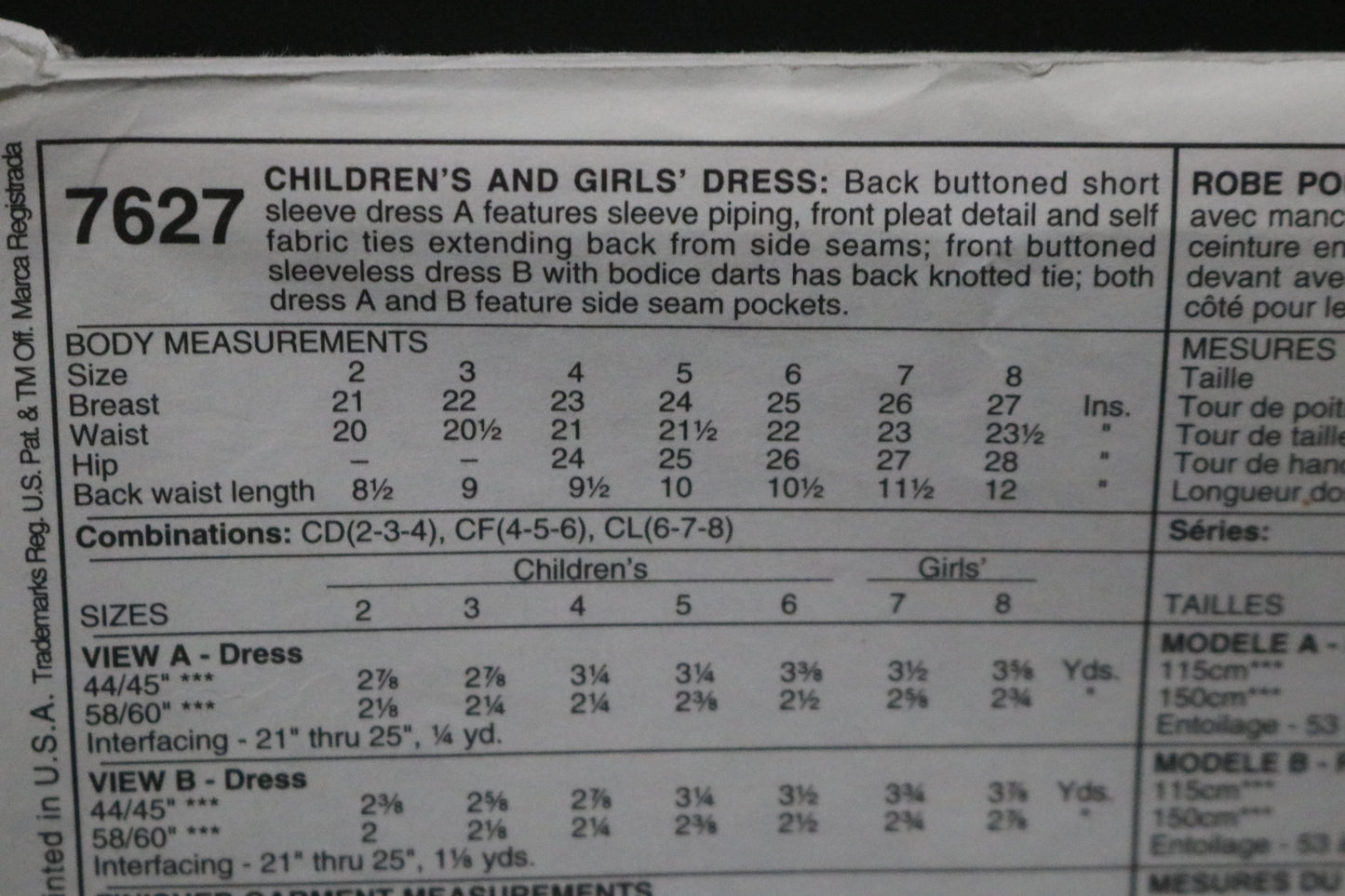 McCalls 7627 Children's or Girls Dress Sewing Pattern UNCUT Size 6 7 8