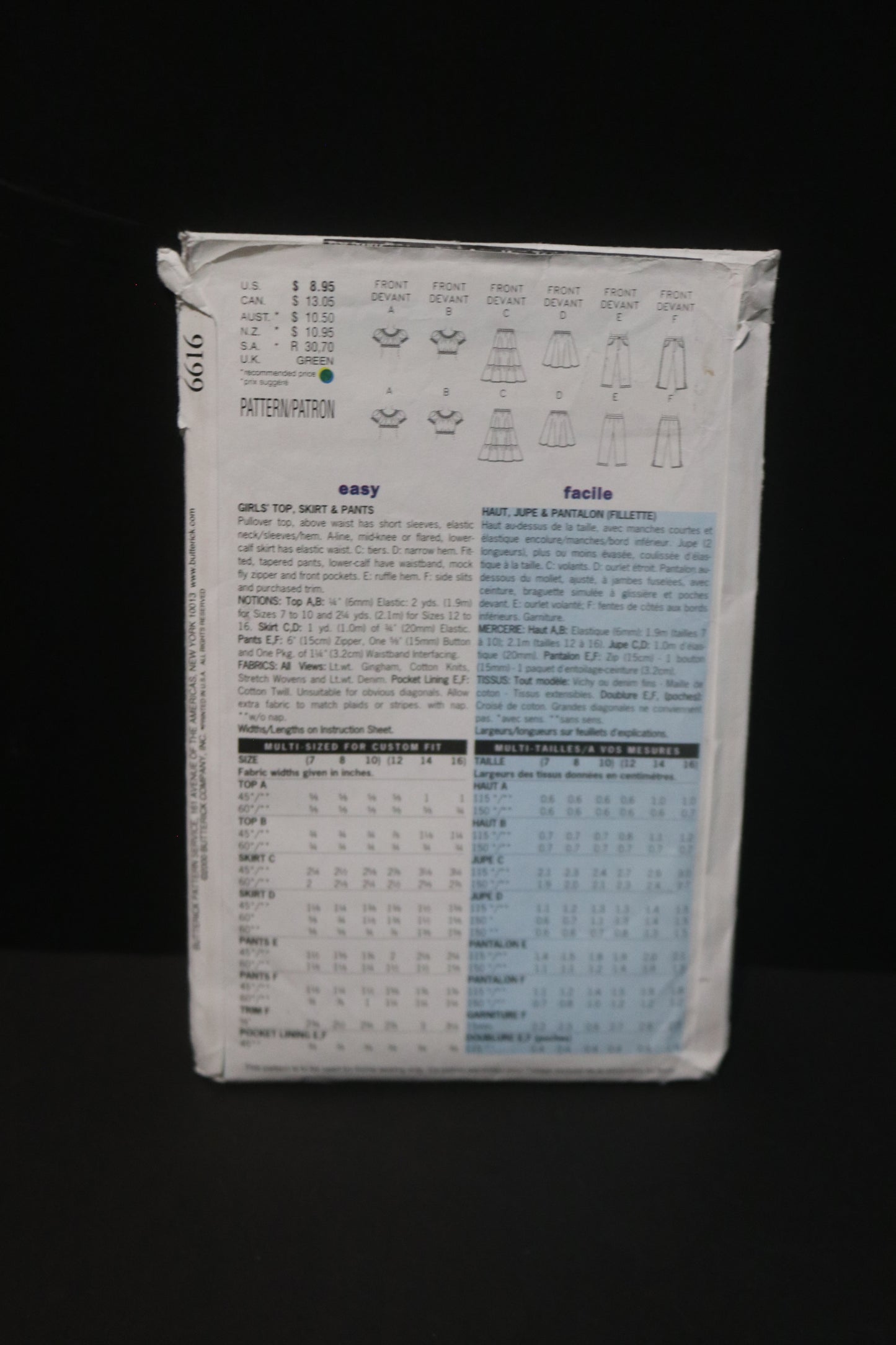 Butterick 6616 Girls Top Skirt and Pants Sewing Pattern UNCUT Size 12 14 16