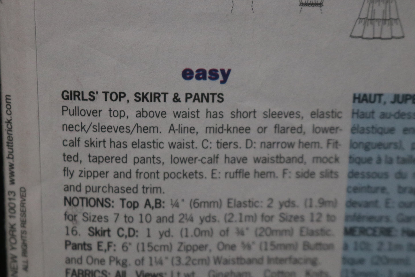 Butterick 6616 Girls Top Skirt and Pants Sewing Pattern UNCUT Size 12 14 16