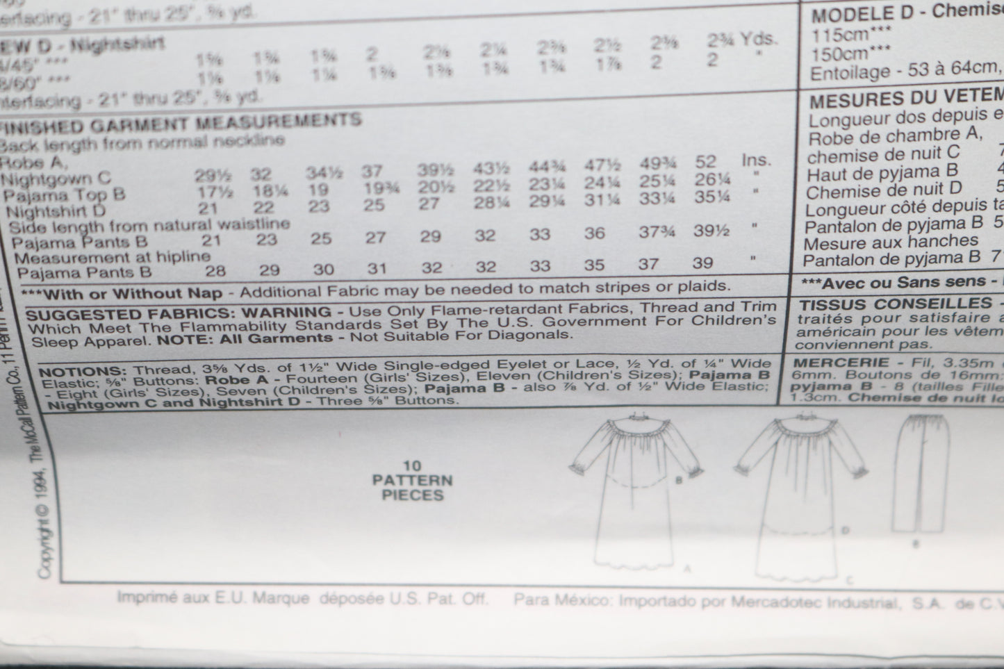 McCalls 7430 Lanz of Salzberg Childrens and Girls Robe, Pajama, Top, Pull on Pajama Pants, Nightgown and Nightshirt Sewing Pattern UNCUT Size 10 12 14