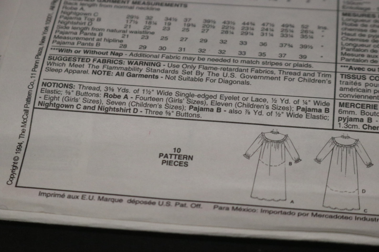 McCalls 7430 Lanz of Salzberg Childrens and Girls Robe, Pajama, Top, Pull on Pajama Pants, Nightgown and Nightshirt Sewing Pattern UNCUT Size 10 12 14