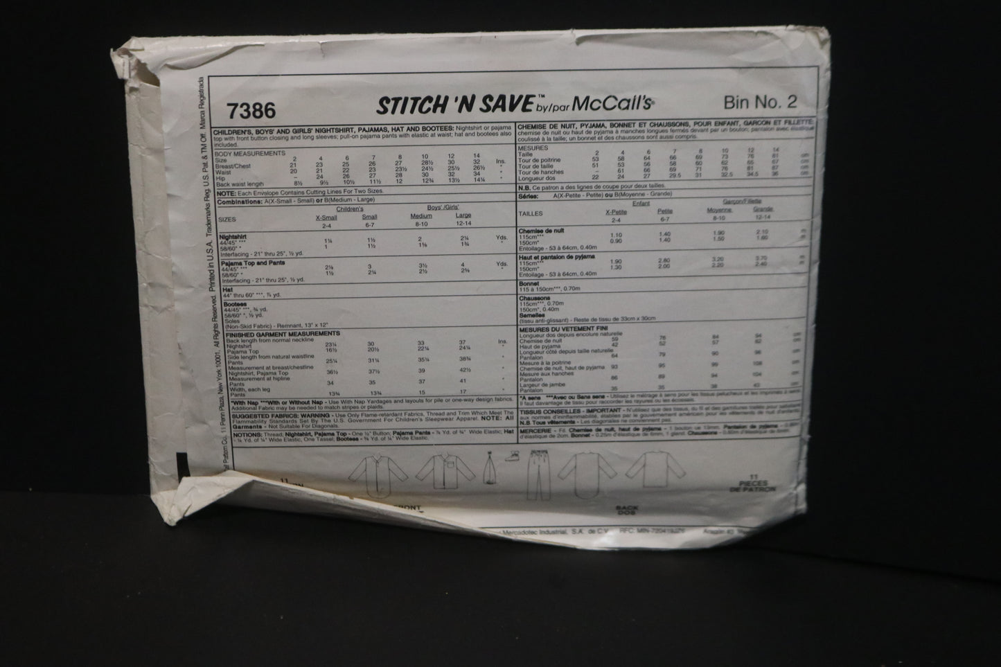 McCalls Stitch n Save 7386 Children's Boys and Girls Nightshirt Pajamas Hat and Bootees Sewing Pattern - UNCUT - Size Medium, Large