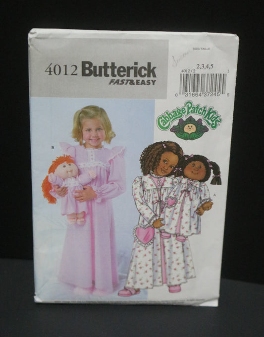 Butterick 4012 Childrens / Girls  Robe Nightgown & 16" and 20"Dolls Robe and nightgown Sewing Pattern - UNCUT Size 2 3 4 5