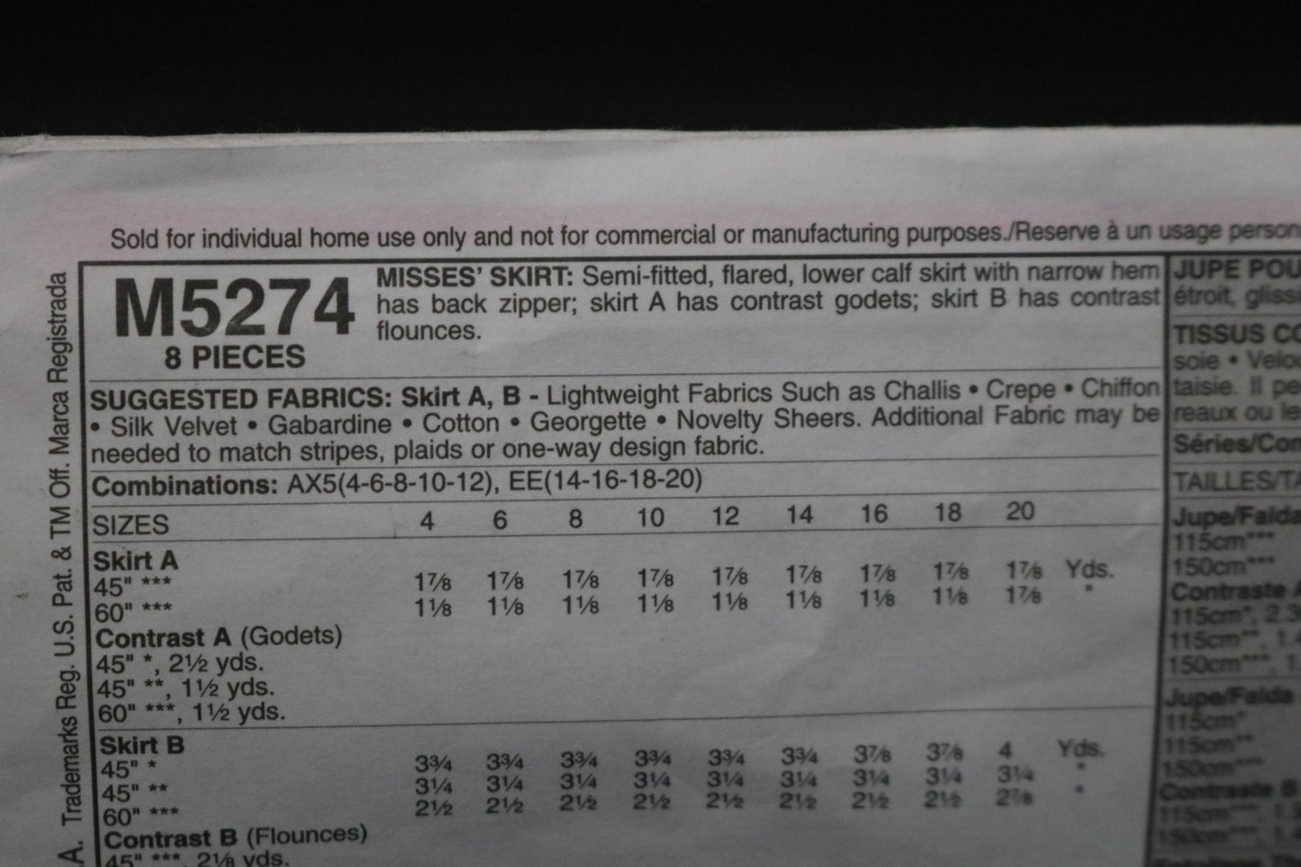 McCalls 5274 Misses Skirts Sewing Pattern UNCUT Size 14 16 18 20