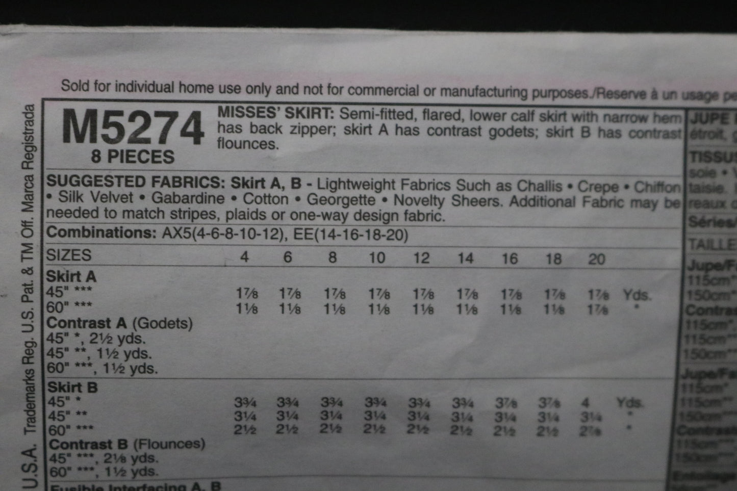 McCalls 5274 Misses Skirts Sewing Pattern UNCUT Size 14 16 18 20