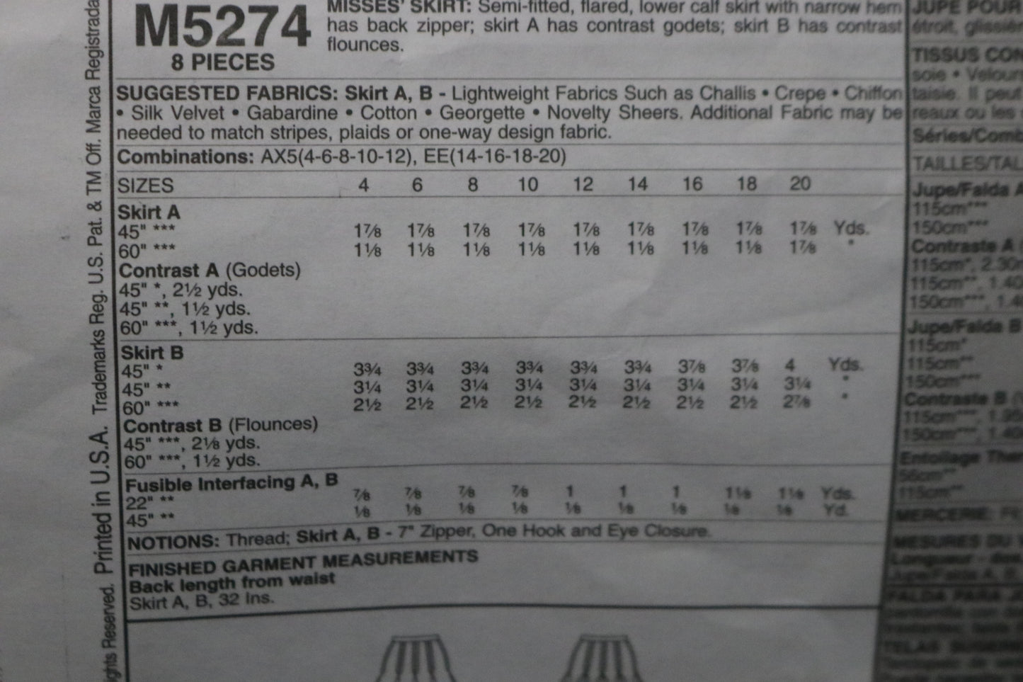 McCalls 5274 Misses Skirts Sewing Pattern UNCUT Size 14 16 18 20