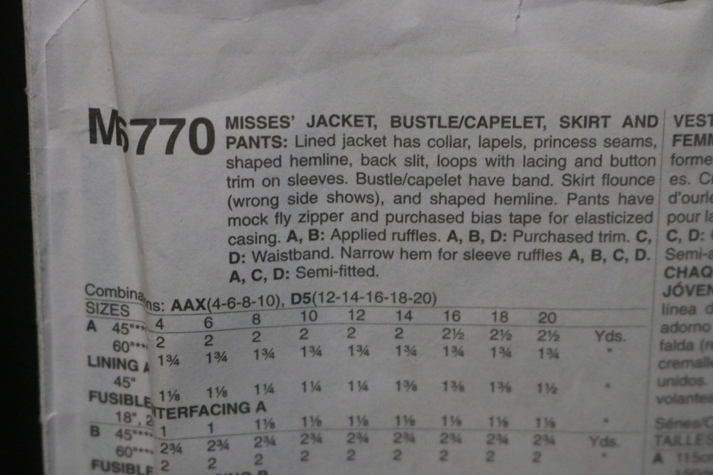 McCalls 6770 Misses Jacket Bustle / Cape;et Skirt and Pantstume Sewing Pattern - UNCUT - Size 12 14 16 18 20