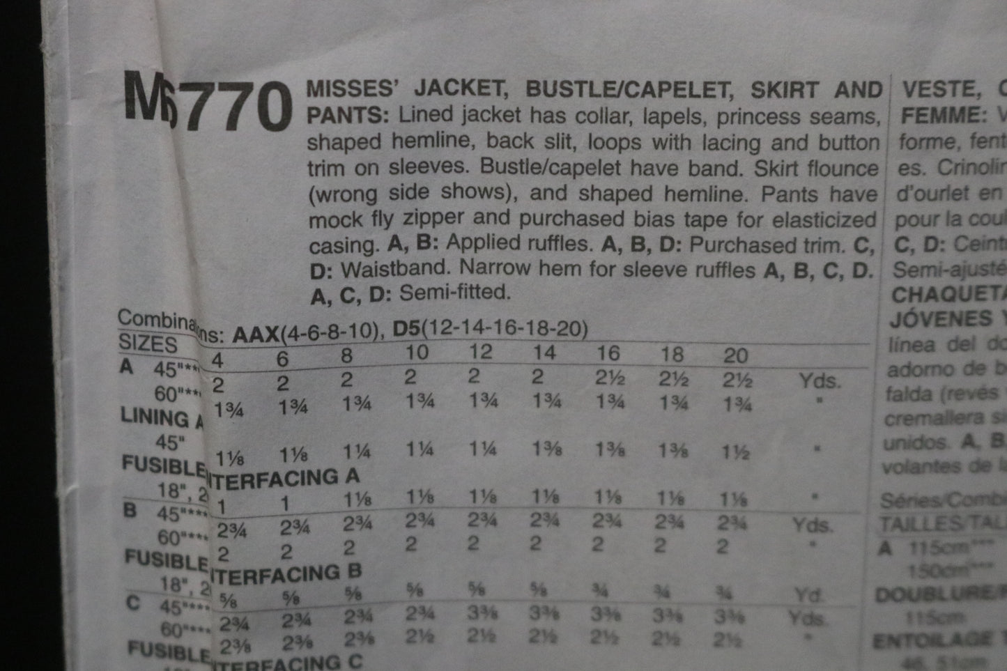 McCalls 6770 Misses Jacket Bustle / Cape;et Skirt and Pantstume Sewing Pattern - UNCUT - Size 12 14 16 18 20