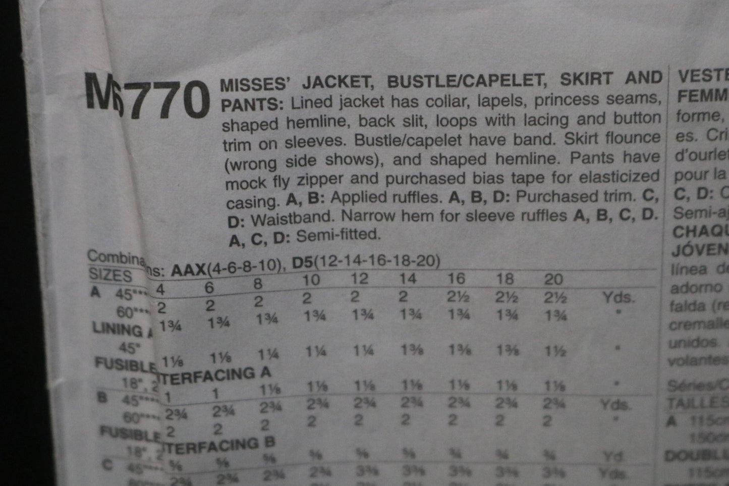 McCalls 6770 Misses Jacket Bustle / Cape;et Skirt and Pantstume Sewing Pattern - UNCUT - Size 12 14 16 18 20