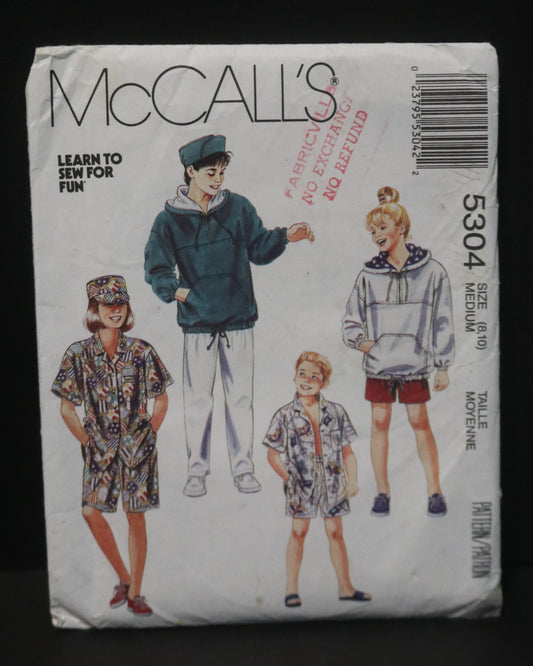 McCalls 5304 Boys and Girls Sweatshirt, Shirt, Pants or Shorts and Hat Sewing Pattern UNCUT Size Medium (8,10)