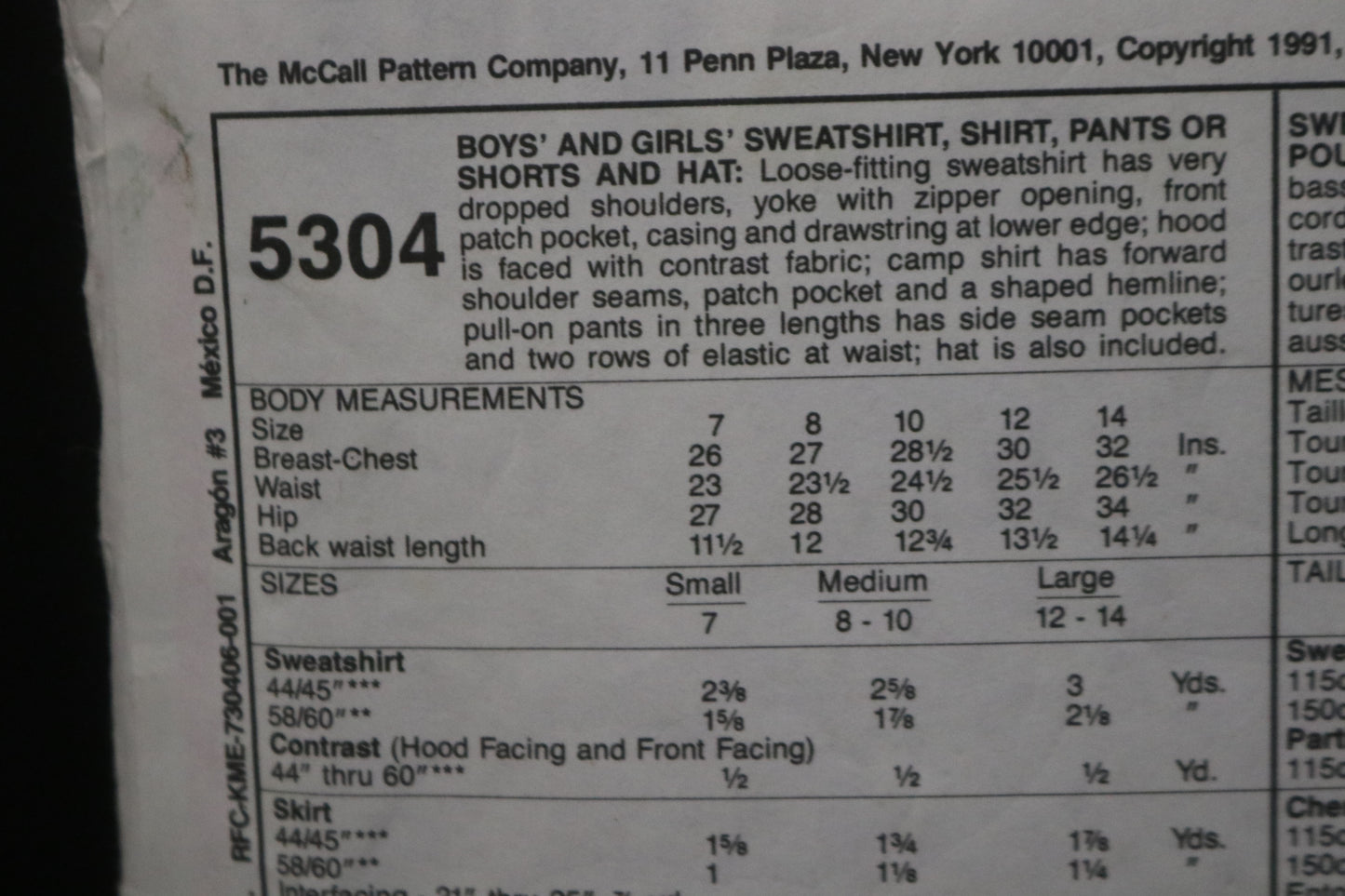 McCalls 5304 Boys and Girls Sweatshirt, Shirt, Pants or Shorts and Hat Sewing Pattern UNCUT Size Medium (8,10)