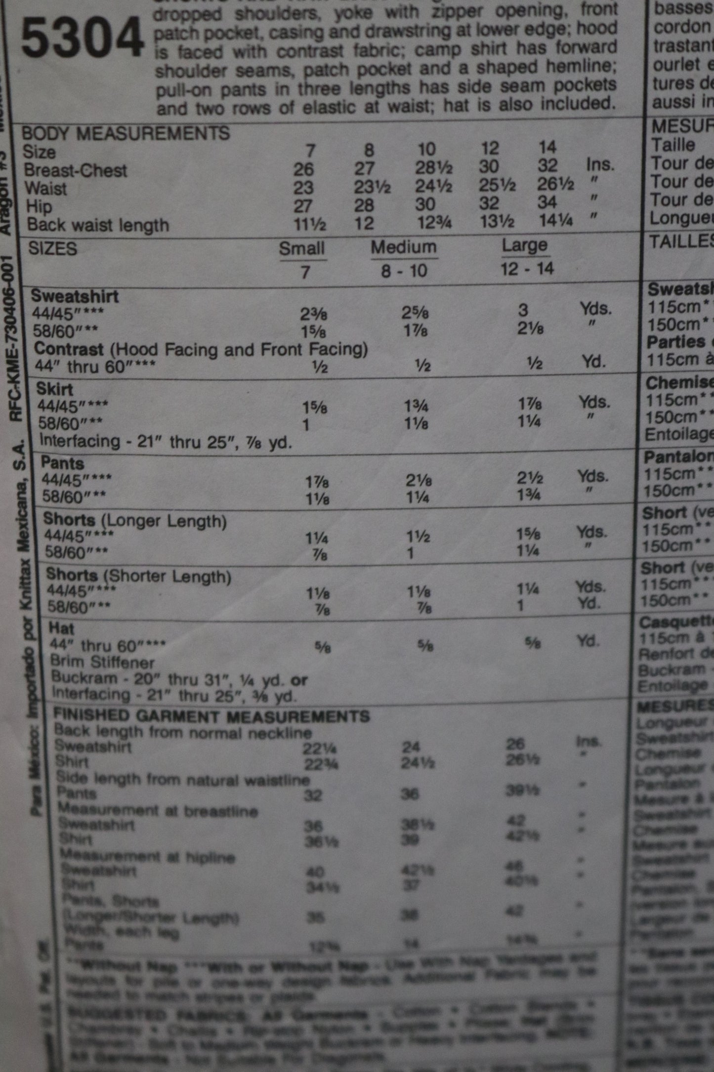 McCalls 5304 Boys and Girls Sweatshirt, Shirt, Pants or Shorts and Hat Sewing Pattern UNCUT Size Medium (8,10)