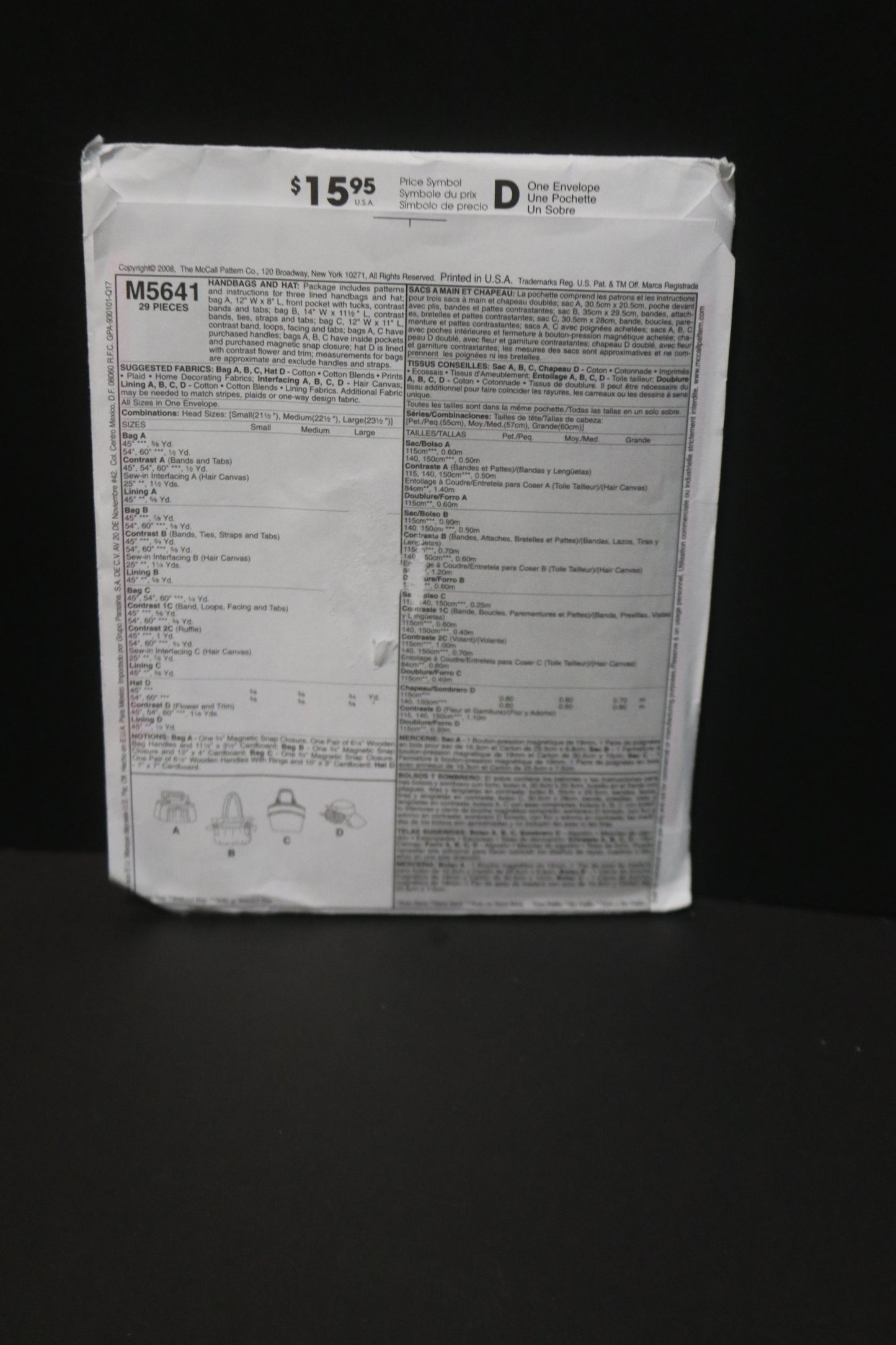 McCalls 5641 Laura Ashley Handbags and Hat Sewing Pattern - UNCUT