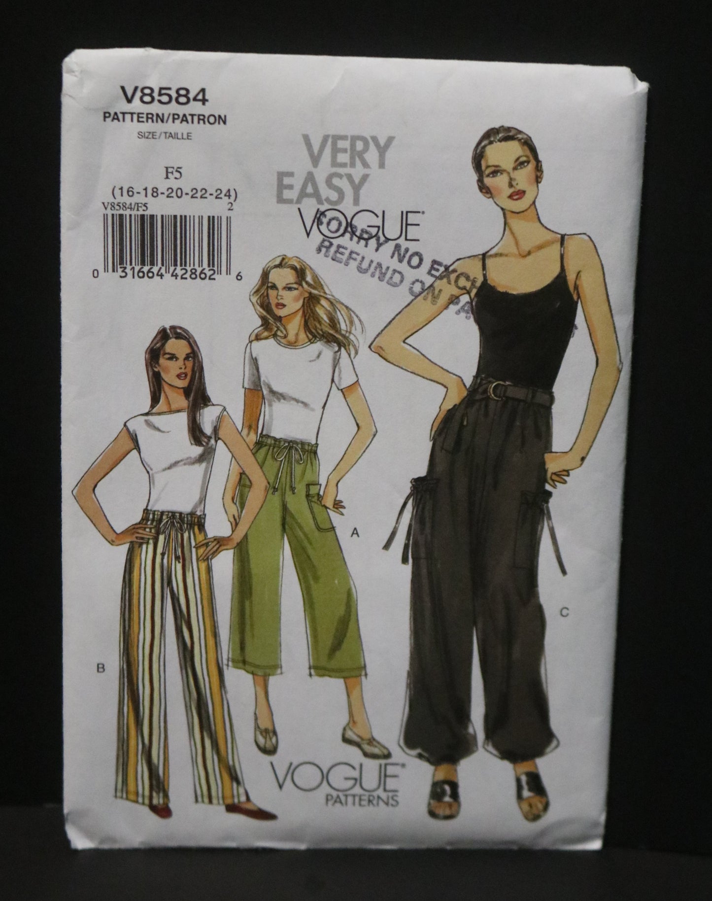 Vogue 8584 Misses Pants and Belt Sewing Pattern - UNCUT - Size 16 18 20 22 24