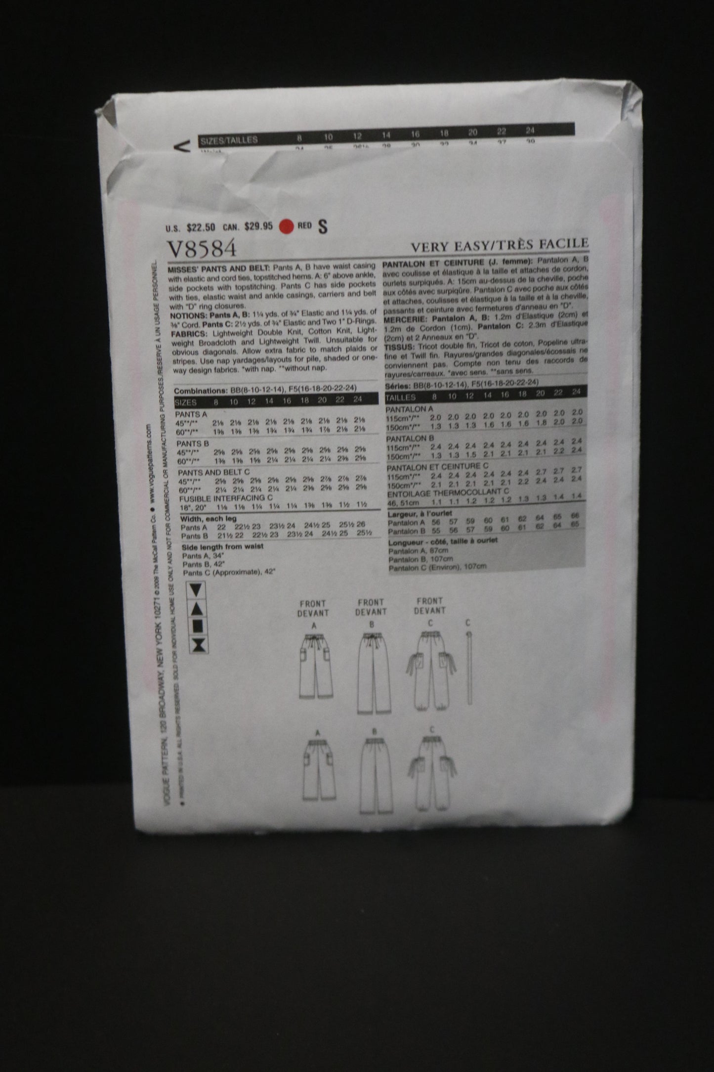 Vogue 8584 Misses Pants and Belt Sewing Pattern - UNCUT - Size 16 18 20 22 24