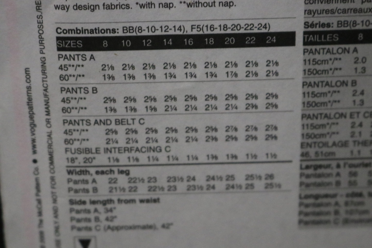 Vogue 8584 Misses Pants and Belt Sewing Pattern - UNCUT - Size 16 18 20 22 24