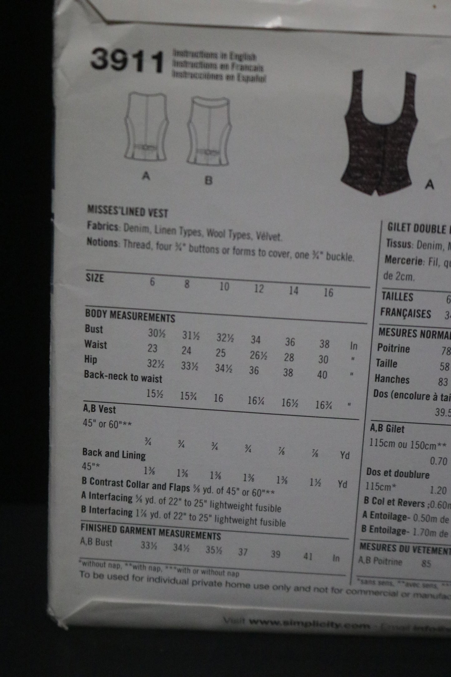 Simplicity 3911 Misses Lined Vest Sewing Pattern - UNCUT - Size 6 - 16