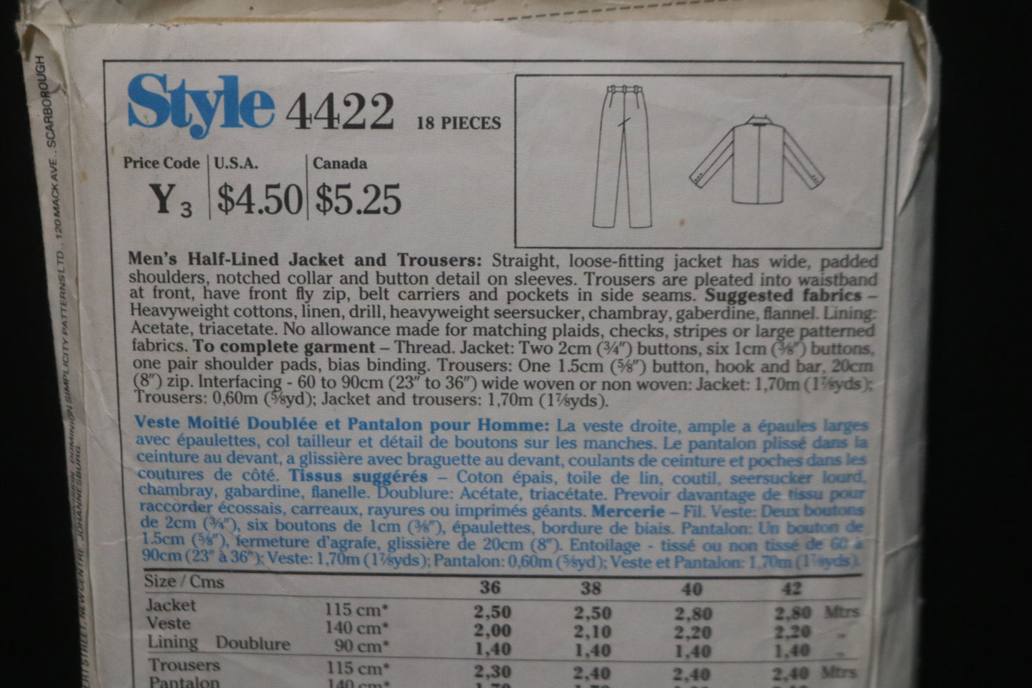 Style 4422 Mens Half Lined Jacket and Trousers Sewing Pattern - UNCUT Size 42