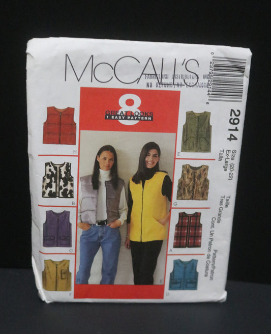 McCalls 2914 Misses Vest in Two Lengths Sewing Pattern - UNCUT - Size XL ( 20 - 22 )