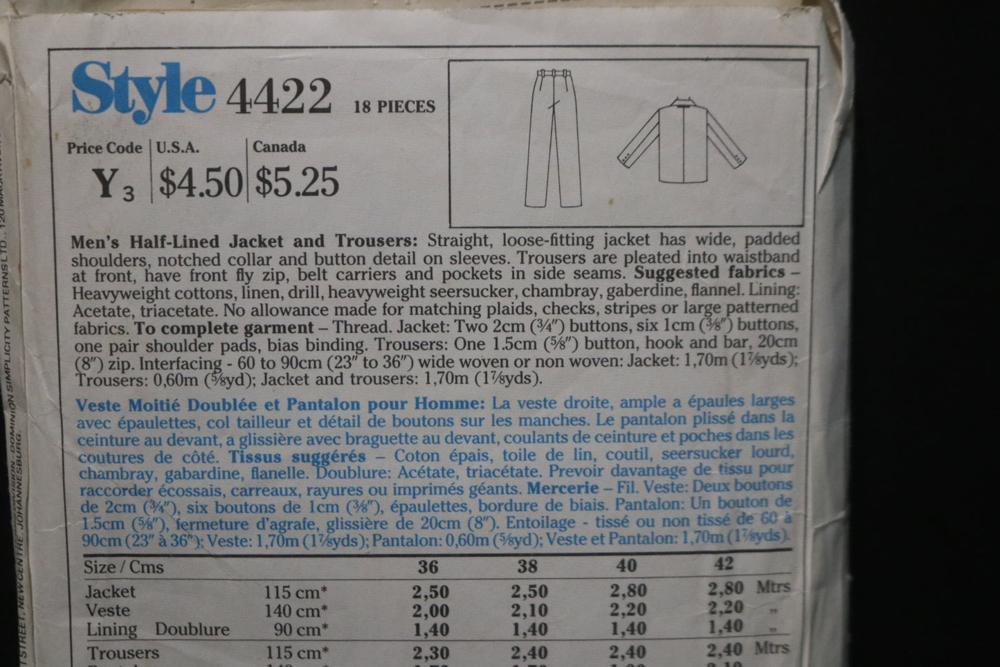 Style 4422 Mens Half Lined Jacket and Trousers Sewing Pattern - UNCUT Size 42