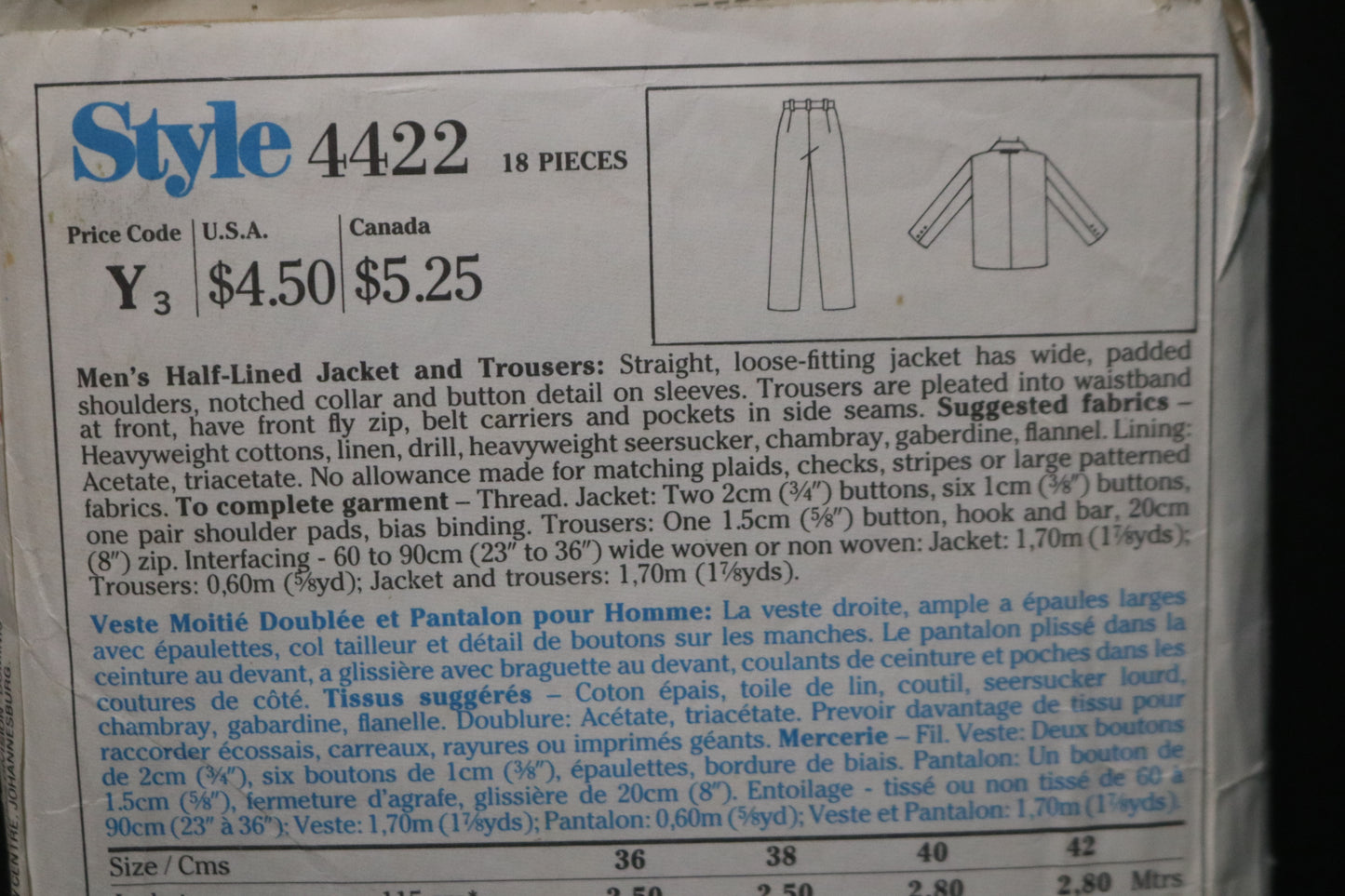 Style 4422 Mens Half Lined Jacket and Trousers Sewing Pattern - UNCUT Size 42