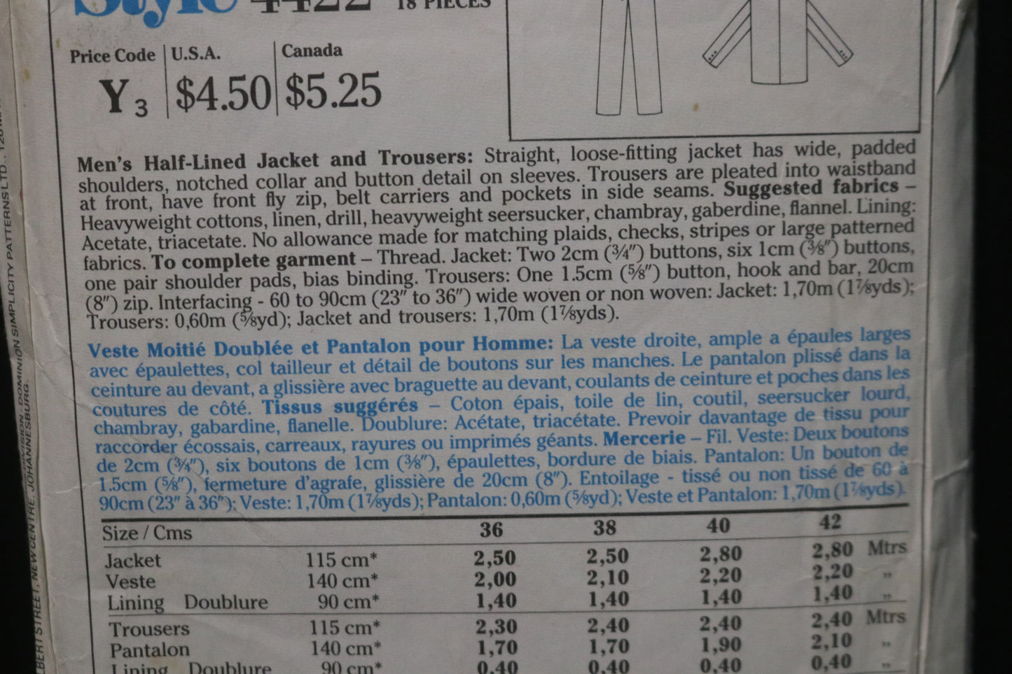 Style 4422 Mens Half Lined Jacket and Trousers Sewing Pattern - UNCUT Size 42